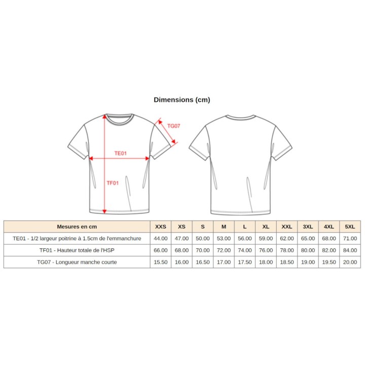 Dimensions du t-shirt bleu marine selon les tailles