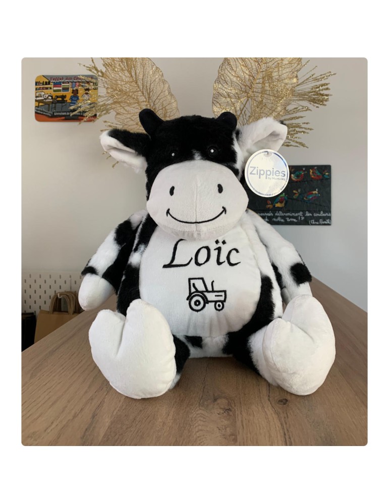 Peluche vache personnalisée prénom Loïc avec motif tracteur