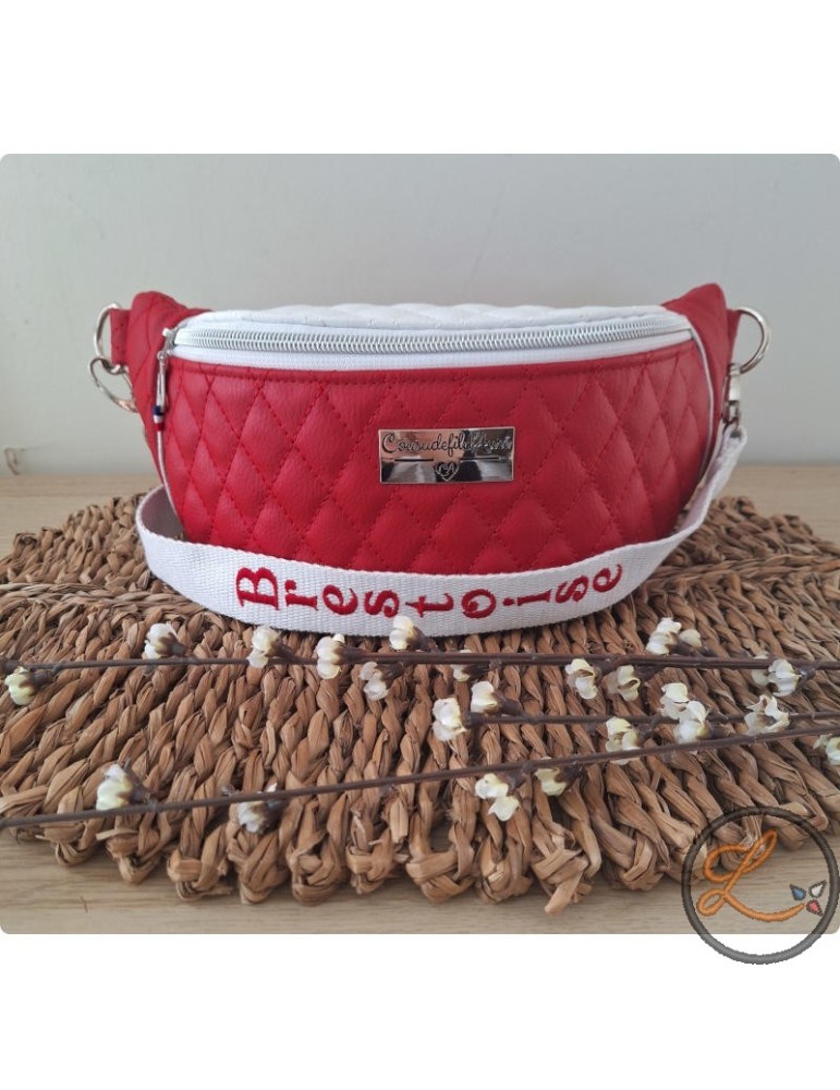 Sac banane femme simili cuir rouge et blanc personnalisable