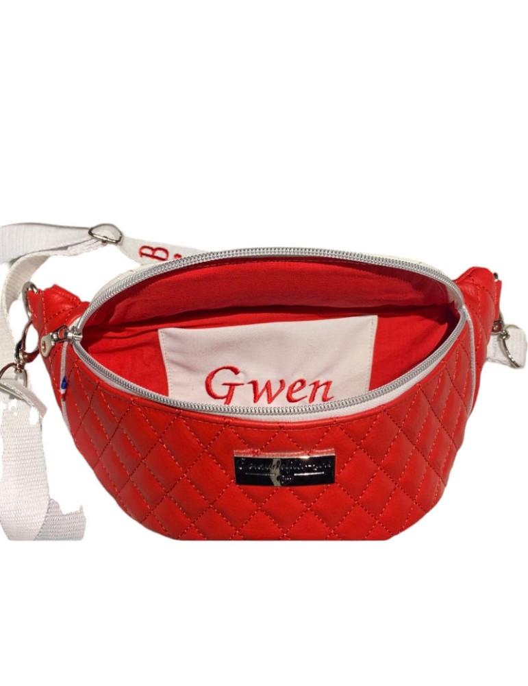 Sac banane femme rouge et blanc avec poche plaquée personnalisée prénom Gwen