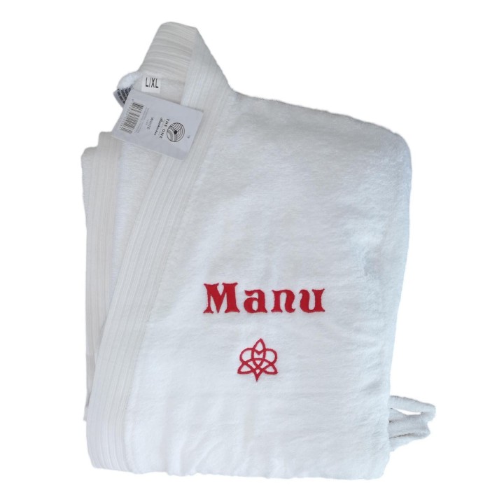 Peignoir blanc personnalisé prénom Manu & motif amour dans la famille