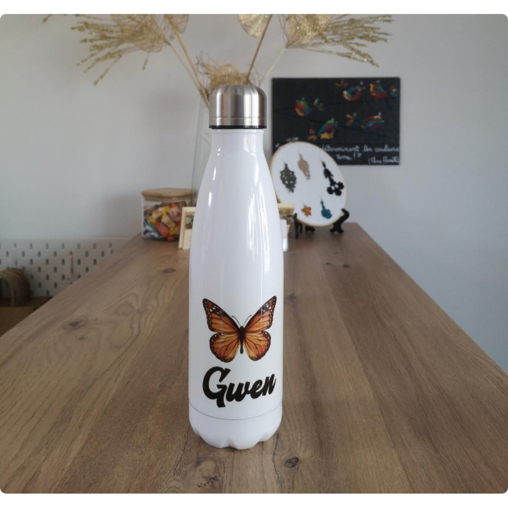 Gourde blanche personnalisée prénom Gwen avec motif papillon