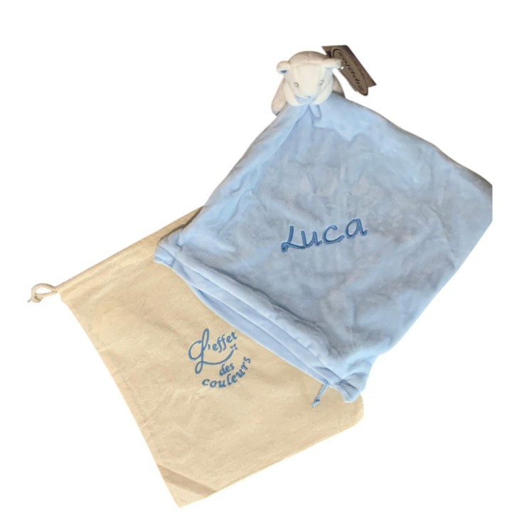 Doudou plat ourson bleu personnalisée brodée au prénom Luca