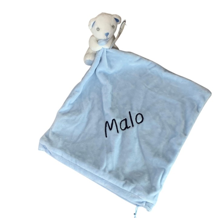 Doudou plat ourson bleu avec prénom brodé Malo