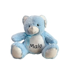 Doudou ourson bleu personnalisé avec prénom brodé Malo