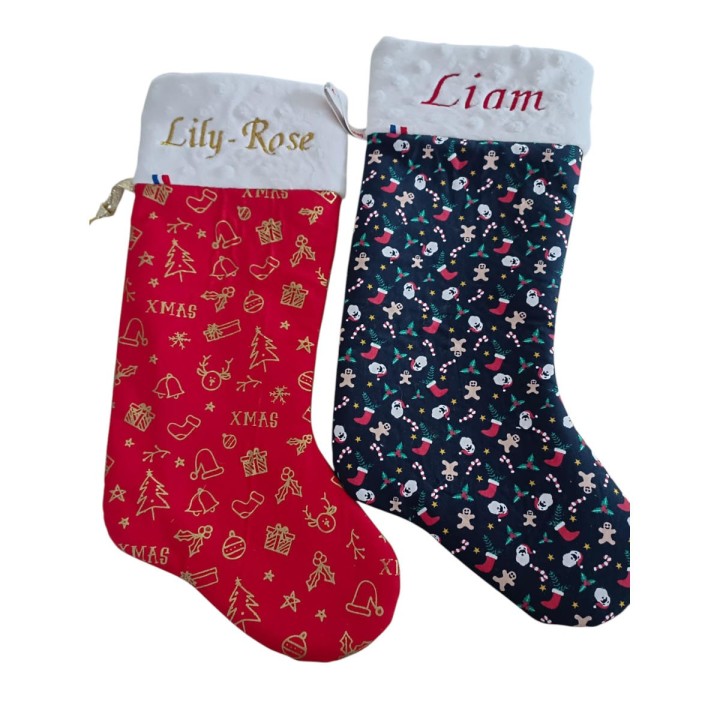 Bottes de noël de fabrication artisanale française personnalisées prénom Liam et Lily-Rose