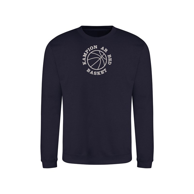Sweat-Shirt Bleu Marine Col Rond avec Broderie Bretonne Basket Champion du Monde