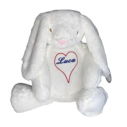 Peluche personnalisée lapin blanc avec le prénom brodé Lucas dans un cœur