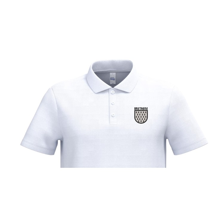 Polo blanc piqué homme avec blason héraldique Ville de Bretagne brodé côté cœur