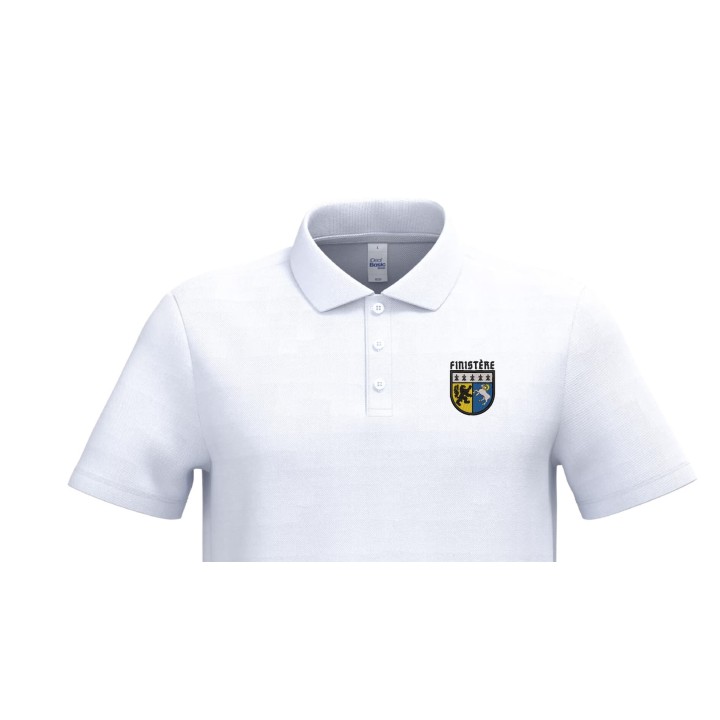 Polo blanc piqué homme avec blason héraldique Département du Finistère brodé côté cœur