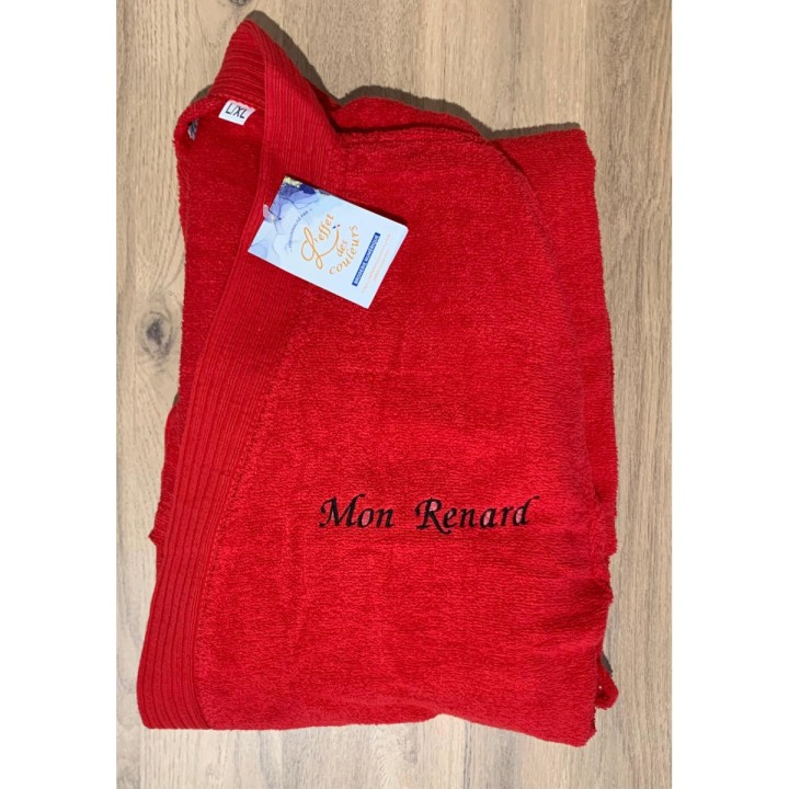 Peignoir rouge personnalisé texte Mon renard brodé côté cœur