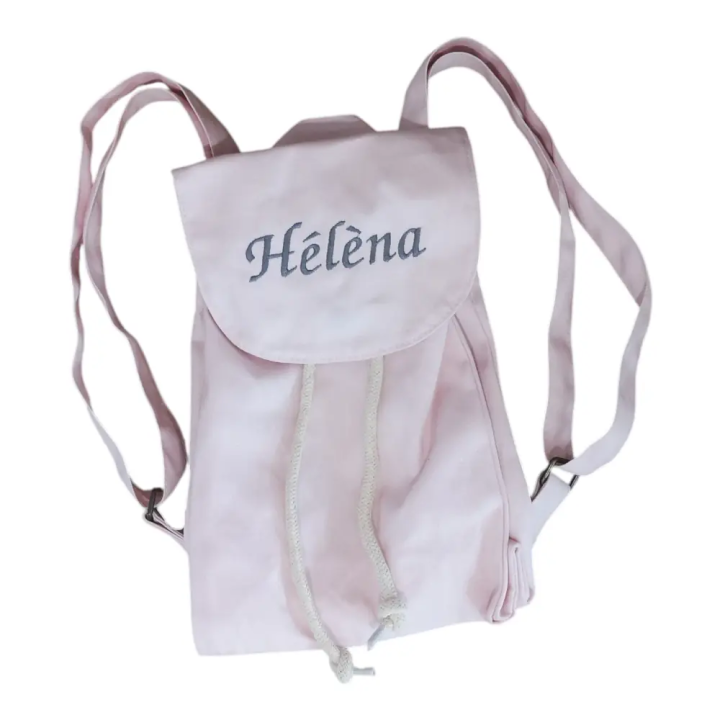 Mini sac à dos rose pastel personnalisé avec prénom brodé Héléna