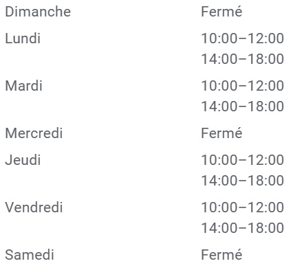 Horaires d'ouverture de la boutique